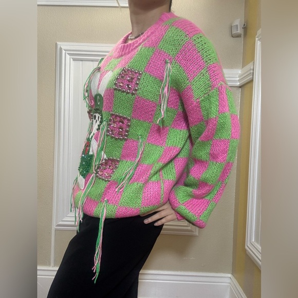 NWOT Pink and Green Checkered Sweater with Bunny Design - Picture 7 of 12